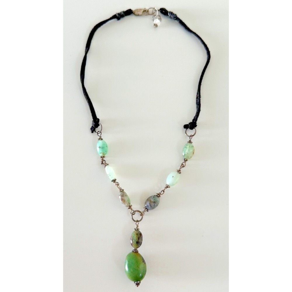 Necklace Sterling Silver Green Gemstone Suede 16 in Blue Tan Black Rope Y Drop